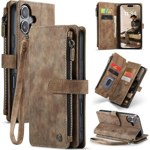 Custodia In Pelle Per Iphone 17, Custodia Con Cerniera In Finto Cuoio, Chiusura Magnetica, Tasca Per Carte, Supporto, Custodia A Portafoglio Marrone-image