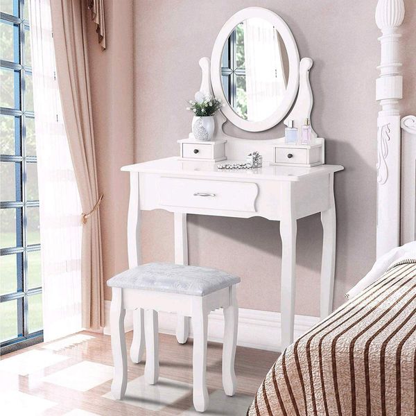Tavolino Da Toilette Julia Con Specchio Girevole A 360° E Sgabello E 3 Cassetti, Stile Rustico, Legno Mdf, Cassettiera Da Toilette, 75X40X136Cm, Bianco-image