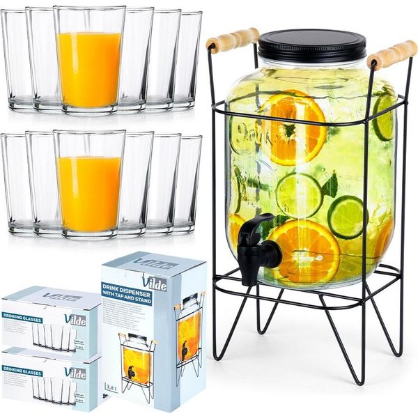 Distributore Di Bevande Vilde Con Rubinetto Distributore Di Vetro Con Rubinetto E Supporto 4,2 L + Bicchieri 12 Pz. 200 Ml-image