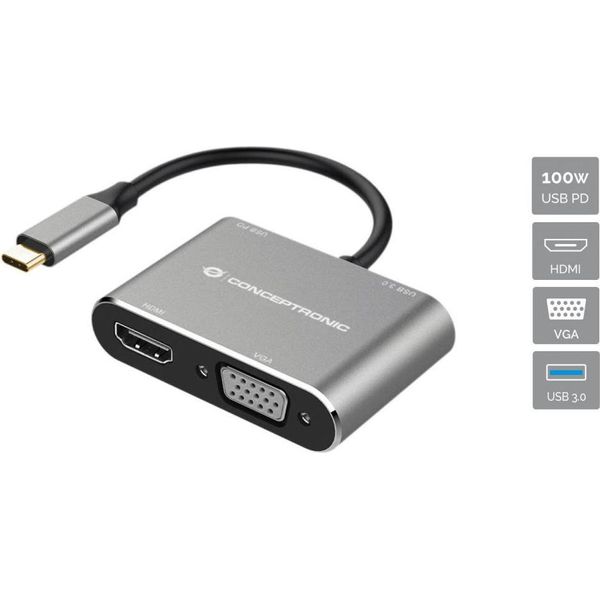 Conceptronic DONN16G Conceptronic 4-1 Dock USB-C->HDMI, USB3.0, Vga, 100WPD 15 Cm Gr-image