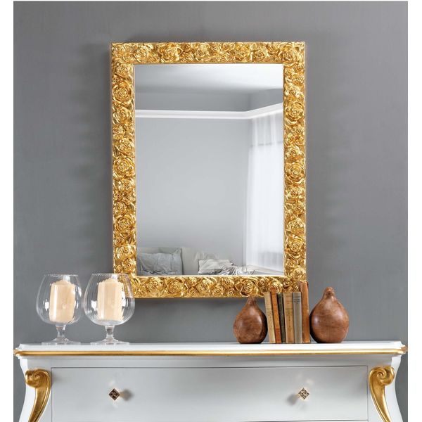 Mo.Wa Specchio Da Parete Classico 62X82 Oro, Specchio Decorativo Rettangolare Foglia Oro, Specchio Decorato Con Cornice In Legno, Per Soggiorno, Camera Da Letto, Bagno-image