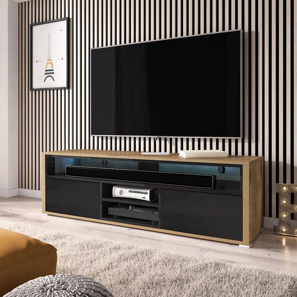 Selsey Laksa Tv Lowboard - Mobile Tv In Rovere Wotan / Nero Lucido Con Illuminazione A Led, Larghezza 137 Cm-image