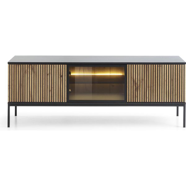 Porta Tv Moderno Con Frontale Rigato, 154×56×39 Cm, Nero / Rovere Wotan-image