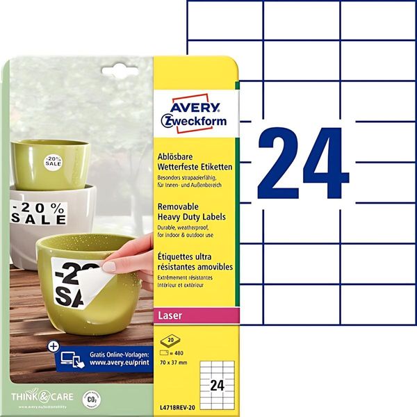Avery Zweckform L4718REV-20 Etichette Resistenti Alle Intemperie, Rimovibili, 70 X 37 Mm, 20 Fogli/480 Etichette, Bianco-image