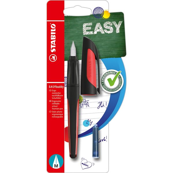 Stilografica Per La Scuola Con Pennino Standard M - Stabilo Easybuddy In Nero/Rosso - Colore Di Scrittura Blu (Cancellabile) - Penna Singola - Cartuccia Inclusa-image