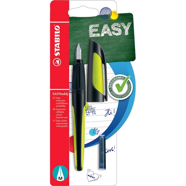 Stilografica Per La Scuola Con Pennino Standard M - Stabilo Easybuddy In Nero/Lime - Colore Di Scrittura Blu (Cancellabile) - Penna Singola - Cartuccia Inclusa-image