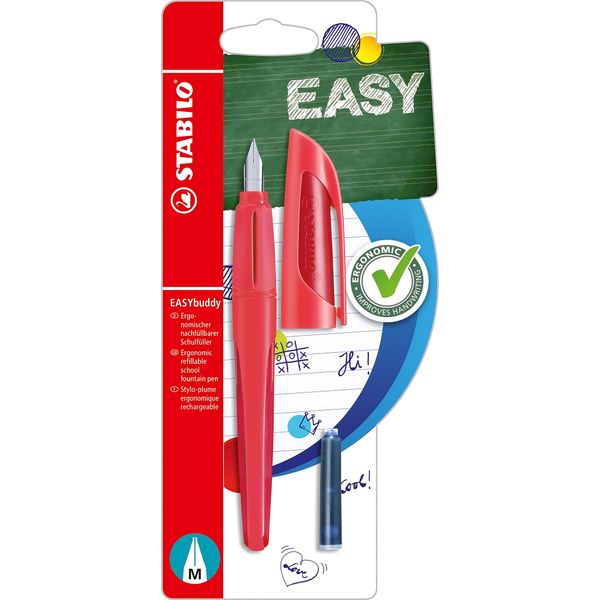 Stilografica Per La Scuola Con Pennino Standard M - Stabilo Easybuddy In Corallo/Rosso - Colore Di Scrittura Blu (Cancellabile) - Penna Singola - Cartuccia Inclusa-image