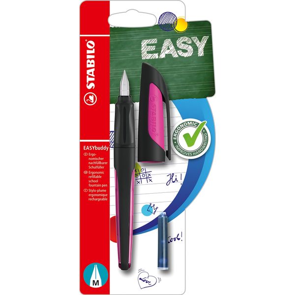 Stilografica Per La Scuola Con Pennino Standard M - Stabilo Easybuddy In Nero/Magenta - Colore Di Scrittura Blu (Cancellabile) - Penna Singola - Cartuccia Inclusa-image