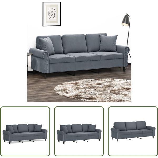 The Living Store Divano A 3 Posti Con Cuscini Decorativi In Velluto Grigio Scuro 180 Cm-image