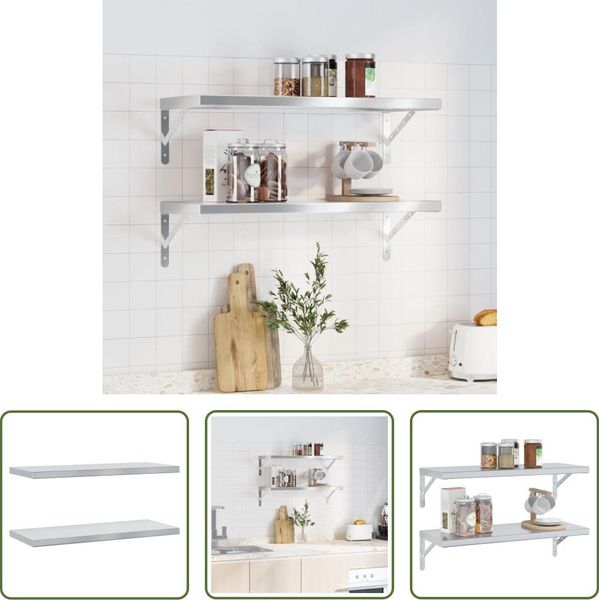 The Living Store Mensole A Muro 2 Pz. 75X30X3 Cm Acciaio Inox Argento-image