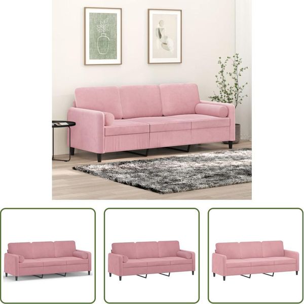 The Living Store Divano A 3 Posti Con Cuscini Decorativi In Velluto Rosa 180 Cm-image
