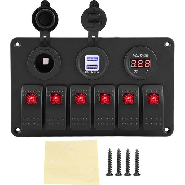 12 V 24 V 6 Gang Auto Barca Marina Led Interruttore A Bilanciere Pannello Doppio Usb Voltmetro Accendisigari Rosso-image