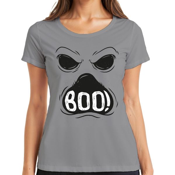 Boo! Halloween Faccia Spaventosa Fantasma Spettrale T-Shirt Vintage Da Donna, Grigio, M-image