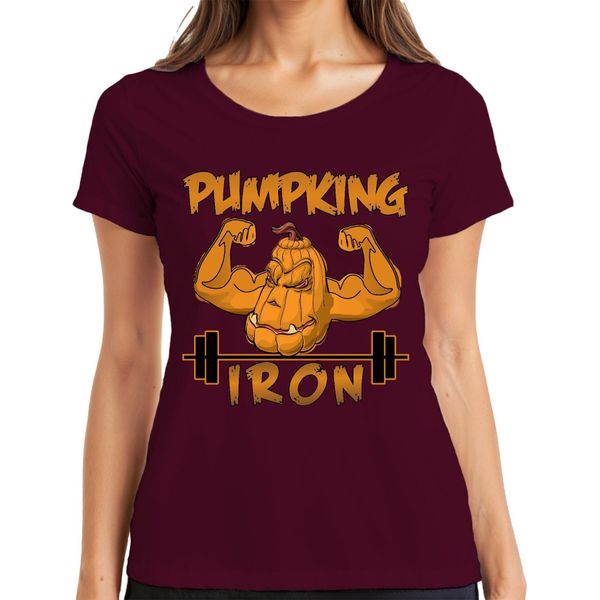 Maglietta Da Donna Pumpking Iron Halloween Pumpkin Fitness Weightlifting Gift, Borgogna, 3XL-image