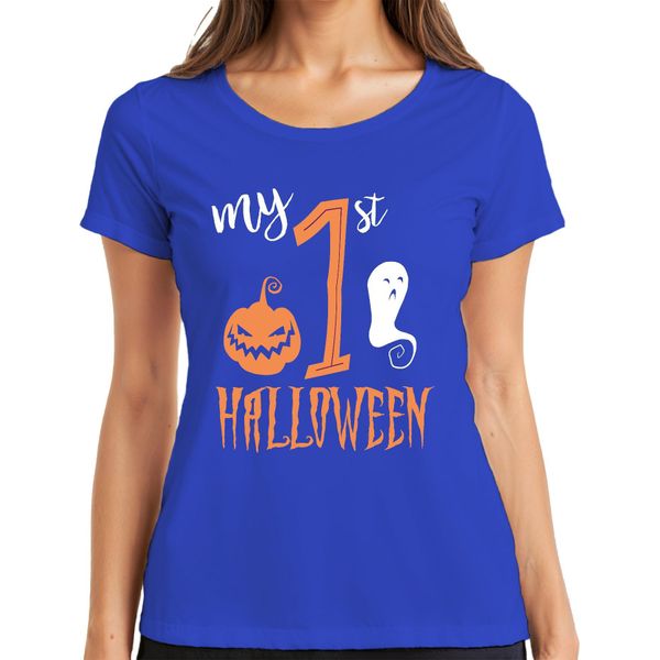My 1St Halloween Baby First Year Pumpkin Ghost Sweet Pumpkin Face Maglietta Da Donna, Blu, L-image
