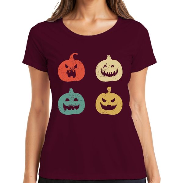 Maglietta Da Donna Halloween Pumpkin Faces Vintage Retro Grunge Pumpkin Face, Borgogna, S-image