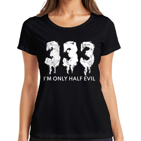 I'm Only Half Evil Halloween Saying Funny Scary Devil Gothic Ladies T-Shirt, Nero, L-image