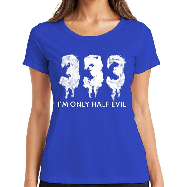 I'm Only Half Evil Halloween Saying Funny Scary Devil Gothic Ladies T-Shirt, Blu, Xl-image