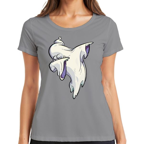 Halloween Ghost Dab Cartoon Ghost Haunted House Spooky Dabbing Ladies T-Shirt, Grigio, S-image
