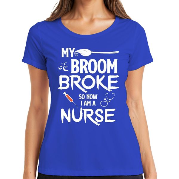 My Broom Broke Halloween Nurse Gift Funny Witch Ladies T-Shirt, Blue, M-image