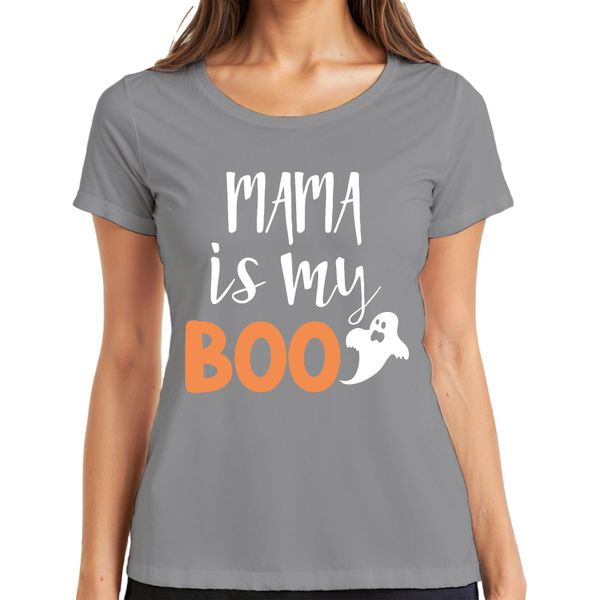 Mama Is My Boo Halloween Mum Gift Ghost Funny Family Ladies T-Shirt, Grey, L-image