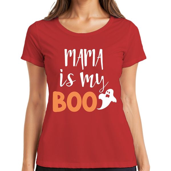 Mama Is My Boo Halloween Mum Gift Ghost Funny Family Ladies T-Shirt, Red, L-image