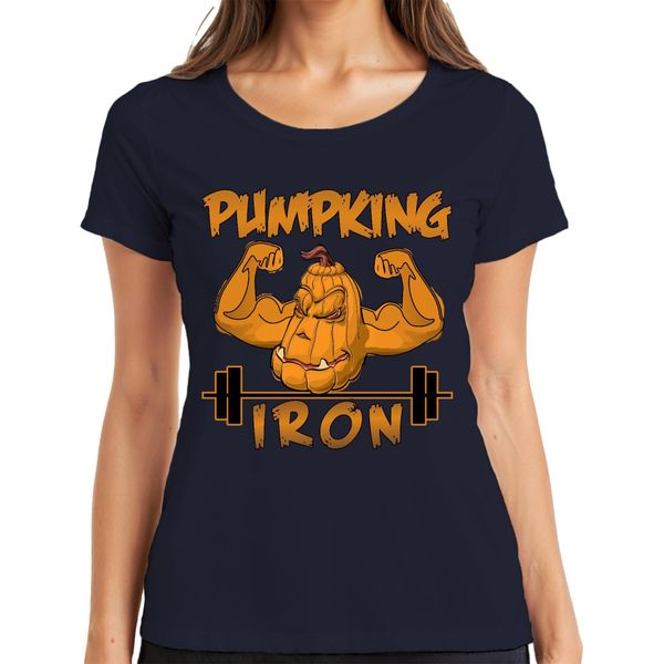 Maglietta Da Donna Pumpking Iron Halloween Pumpkin Fitness Weightlifting Gift, Navy, Xxl-image