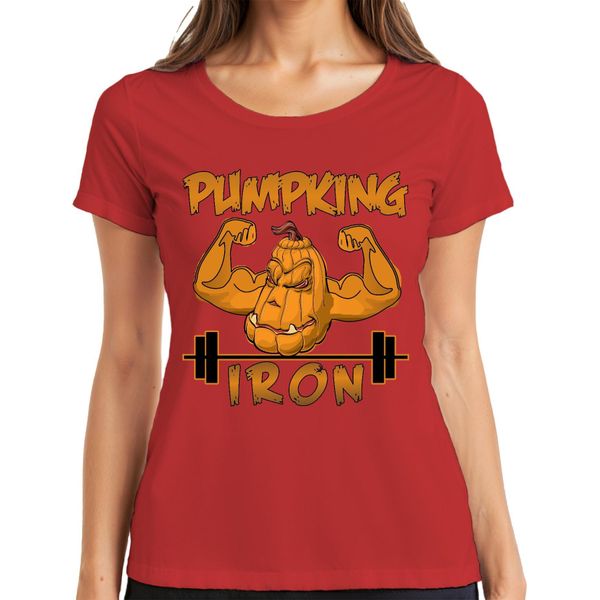 Maglietta Da Donna Pumpking Iron Halloween Pumpkin Fitness Weightlifting Gift, Rosso, 3XL-image
