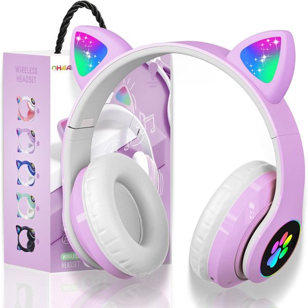 Bambini, Ragazze Cat Ear Cuffie Sopra L'orecchio Con Luce Led Pieghevole Cuffie Stereo Bluetooth, Cuffie Senza Fili Con Microfono Per Tablet / Mobile / Pc-image