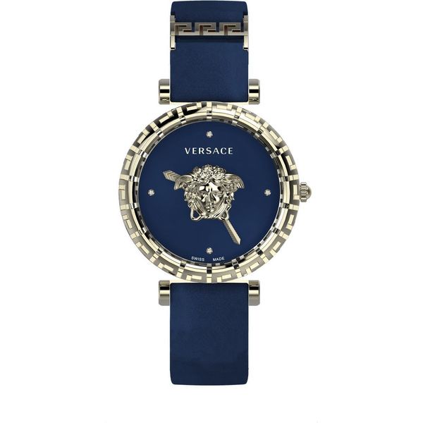 Versace VEDV01019 Orologio Da Donna Palazzo Empire Greca Diamond In Pelle Blu Oro Nuovo-image