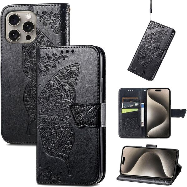 Per Apple Iphone 16 Pro Max Portafoglio Cellulare Custodia Farfalla Design Cover Case Nero-image