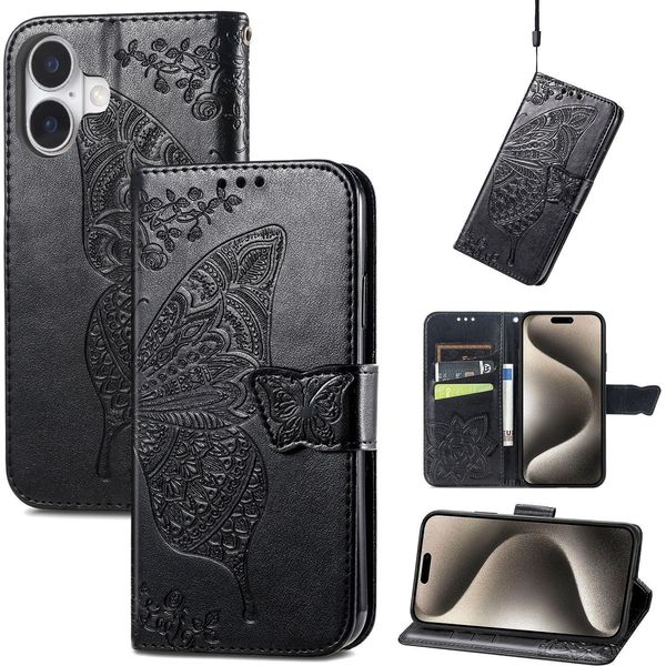 Per Apple Iphone 16 Plus Portafoglio In Custodia Per Telefono Cellulare Farfalla Design Cover Case Nero-image