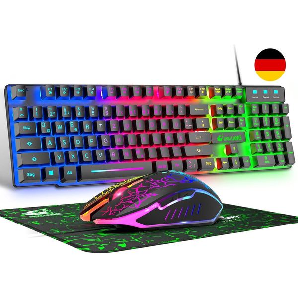Tastiera Da Gioco Con Mouse Layout Tedesco Qwertz Tastiera Cablata Led Rgb Retroilluminazione 2400 Dpi Mouse A 6 Pulsanti Pc PS5 PS4 Xbox-image