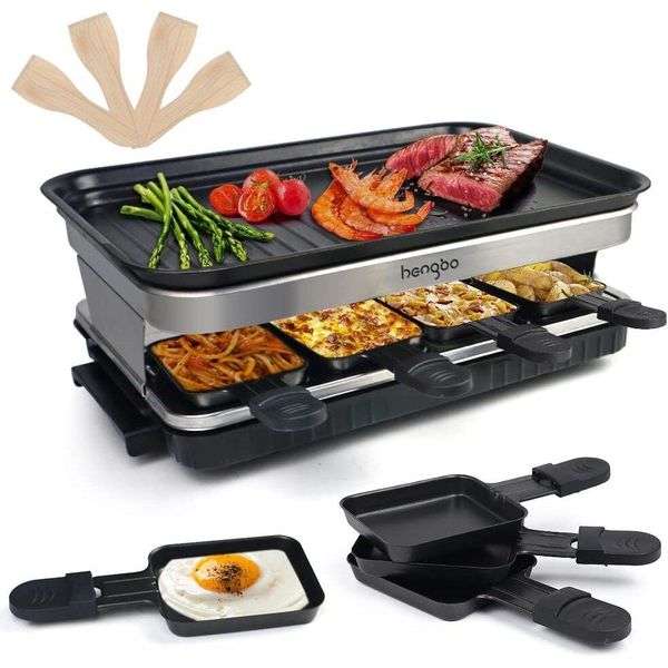 Griglia Per Raclette Per 6 8 10 Persone Con 8 Teglie Per Raclette 4 4 Spatole Di Legno Rivestimento Antiaderente Manici Isolati Termicamente 1500W Nero-image