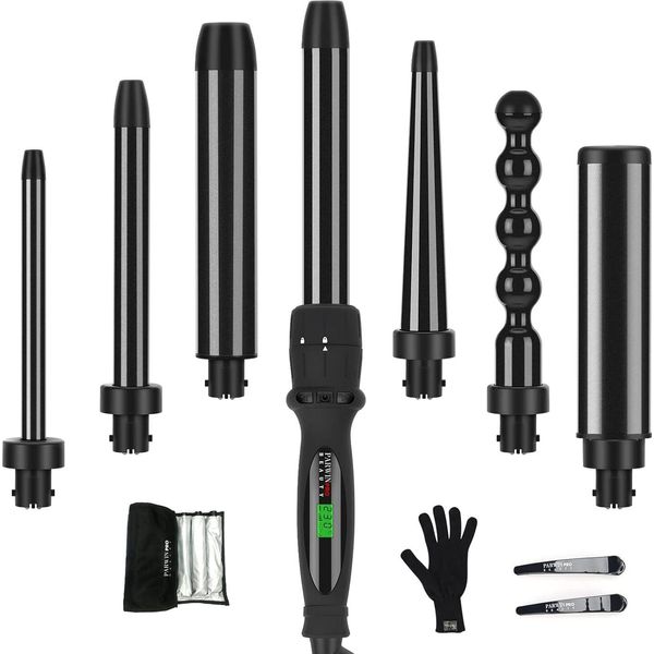 Ferro Arricciacapelli 7 In 1 Con Diversi Accessori Set Rivestimento In Ceramica, Con 7 Aste 100-230℃ Temperatura Regolabile Con Display Lcd Guanto-image