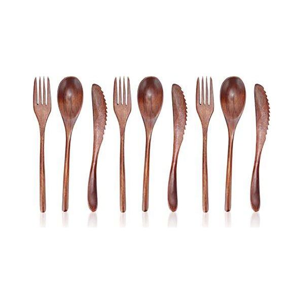 9Pcs Giapponese Naturale Set Di Posate In Legno, Set Di Posate In Legno Vintage Riutilizzabile Cena Utensili Casa Caffè Ristorante Campeggio Viaggi-image