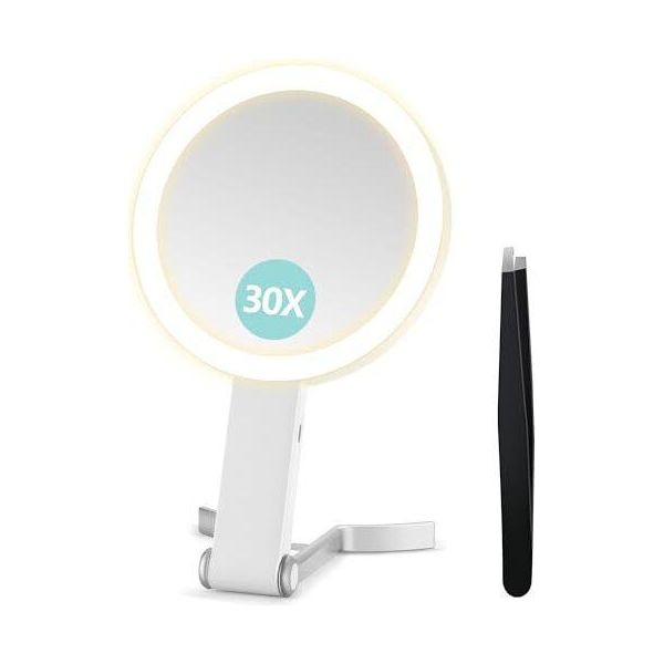 B Beauty Planet Specchio D'ingrandimento Luminoso, Specchio Bifacciale 30X/1X, Make-Up Da Viaggio 3 Luci Colorate, Pinzette Pieghevoli, Da Tenere In Mano/Da Tavolo-image