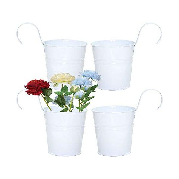 Set Di Vasi Da Fiori Appesi 4 Vasi Con Gancio Vaso In Metallo Secchio Gancio Balcone Fioriera Decorativa Box Foro Di Drenaggio Rimovibile-image