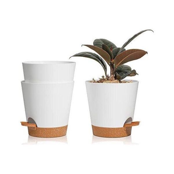 T4U Vaso Da Fiori Da 14 Cm Autoinnaffiante, Set Di 3 Vasi Piattino, Ideale Per Giardini Da Balcone Interni, Piante Grasse, Piante Di Cactus, Bianco-image
