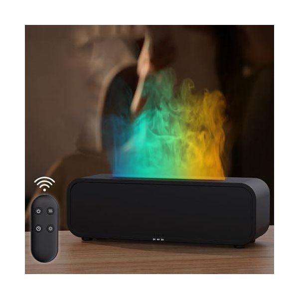 Diffusore Di Aromi, Aggiornamento Della Fiamma Con Luce A 7 Colori, Telecomando, Umidificatore Di Olio Di Fragranza Nero, Effetto Diffusore, 4 Timer Spegnimento Automatico Senza Acqua-image