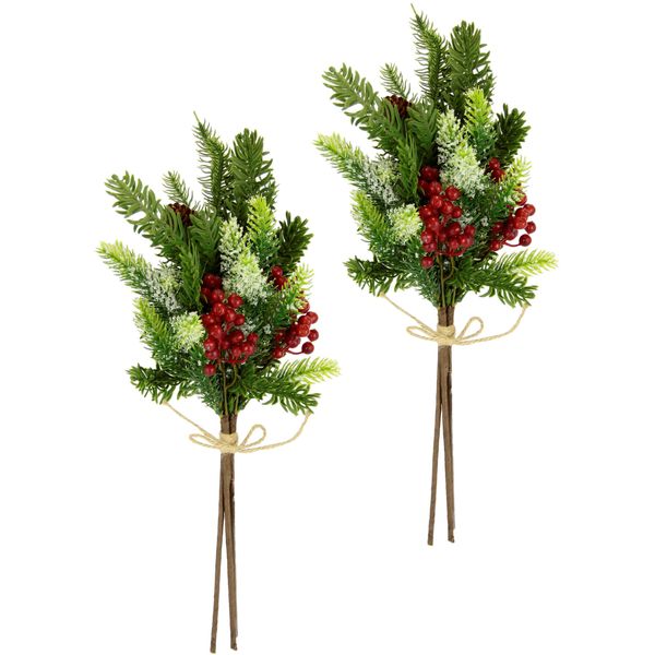 Winterliche Kunstpflanze I.Ge.A. "Kunstzweig, Dekozweig Aus Kunststoff, Weihnachtsdeko", Bunt (GrüN, Rot), B:18Cm H:40Cm T:10Cm, Kunststoff, Kunstpflanzen, Mit Echten Zapfen, Beeren Und Schleife, Geeist, 2Er Set, GrüN, Rot-image