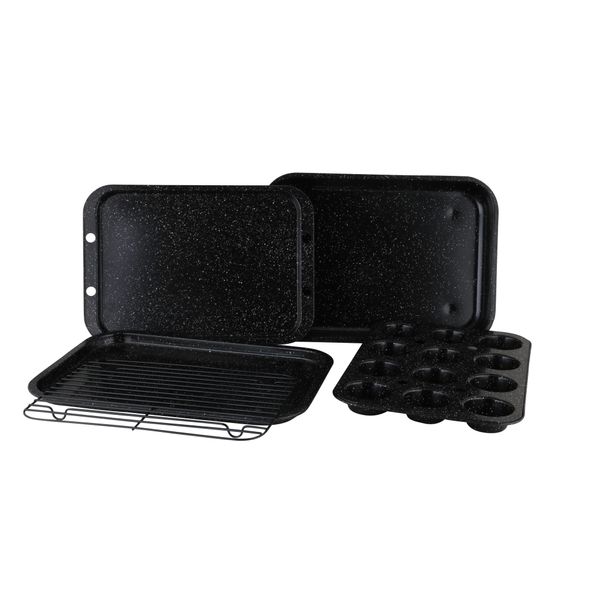 Set Di Teglie Da Forno Da 5 Pezzi - Teglie Per Muffin, Torte, Biscotti, Arrosti E Cestello Di Raffreddamento - Nero-image
