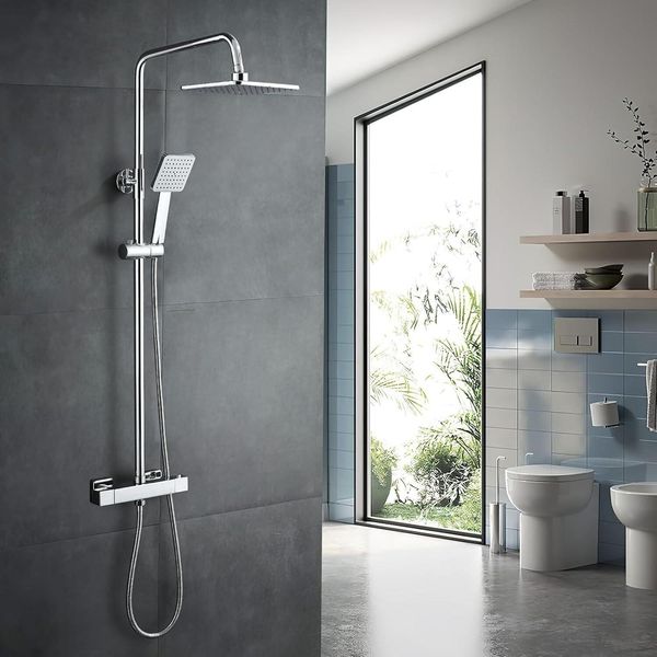 Set Doccia Con Asta Doccia Regolabile In Acciaio Inox Da 81 A 117 Cm, Miscelatore Doccia Con Soffione Quadrato E Doccetta, Cromo-image