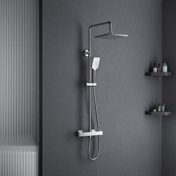Set Completo Di Rubinetteria Per Doccia, Doccia A Pioggia Con Termostato, Sistema Doccia Con Termostato, Doccia A Pioggia Regolabile In Altezza 80-115Cm, Sistemi Doccia Con Soffione-image