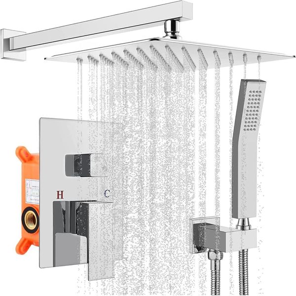 Set Miscelatore Doccia Argento, Set Doccia Con Doppia Funzione, Set Soffione Doccia In Acciaio Inox, Set Miscelatore Doccia Con Soffione A Pioggia E Doccetta-image