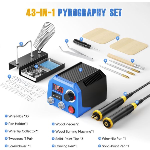 Macchina Per La Combustione Del Legno, Penne Pirografiche Doppie, 33 Punte E Accessori, Blu-image