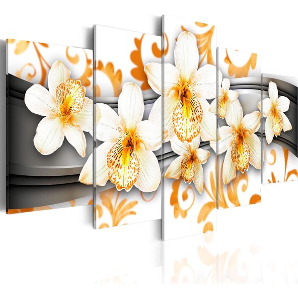 Quadro Su Tela Fiori 200X100 Cm In Tessuto Non Tessuto 5 Pezzi Stampa D'arte Moderna Arte Murale Xxl Decorazione Murale Design Quadro Murale - Orchidea Ornamento Astratto Arancione Grigio Bianco 020110-135-image