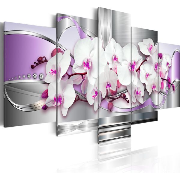 Quadro Su Tela Astratto 200X100 Cm In Tessuto Non Tessuto 5 Pezzi Stampa D'arte Moderna Arte Murale Xxl Decorazione Murale Design Quadro Murale - Fiori Orchidea Perle Argento Viola 020110-118-image