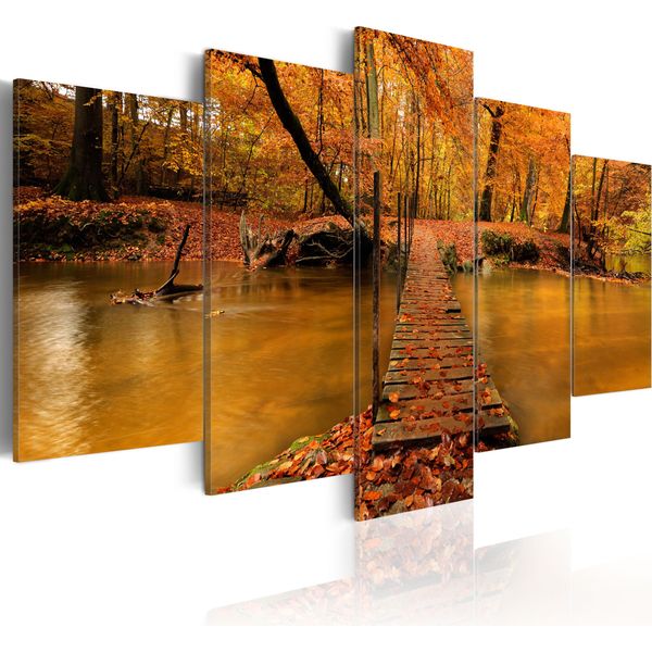 Quadro Su Tela Paesaggio 200X100 Cm In Tessuto Non Tessuto 5 Pezzi Stampa D'arte Moderna Arte Murale Xxl Decorazione Murale Design Quadro Murale - Foresta Natura Alberi Autunno Foglie 030212-34-image