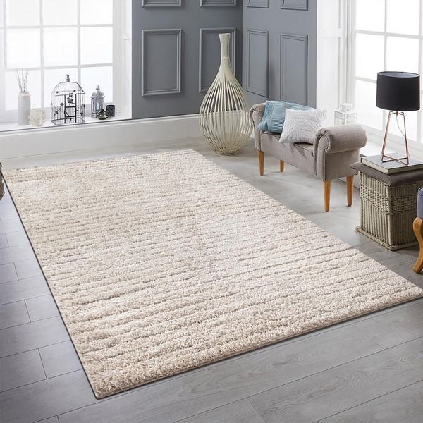 Tappeto Beige Con Motivo A Righe Morbido E Di Facile Manutenzione Per Il Soggiorno Dimensioni - 140 X 200 Cm-image
